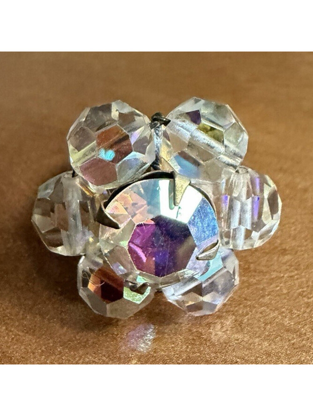 Clear Crystal Flower Cluster Cocktail Ring Silvertone Metal Ring adjustable size